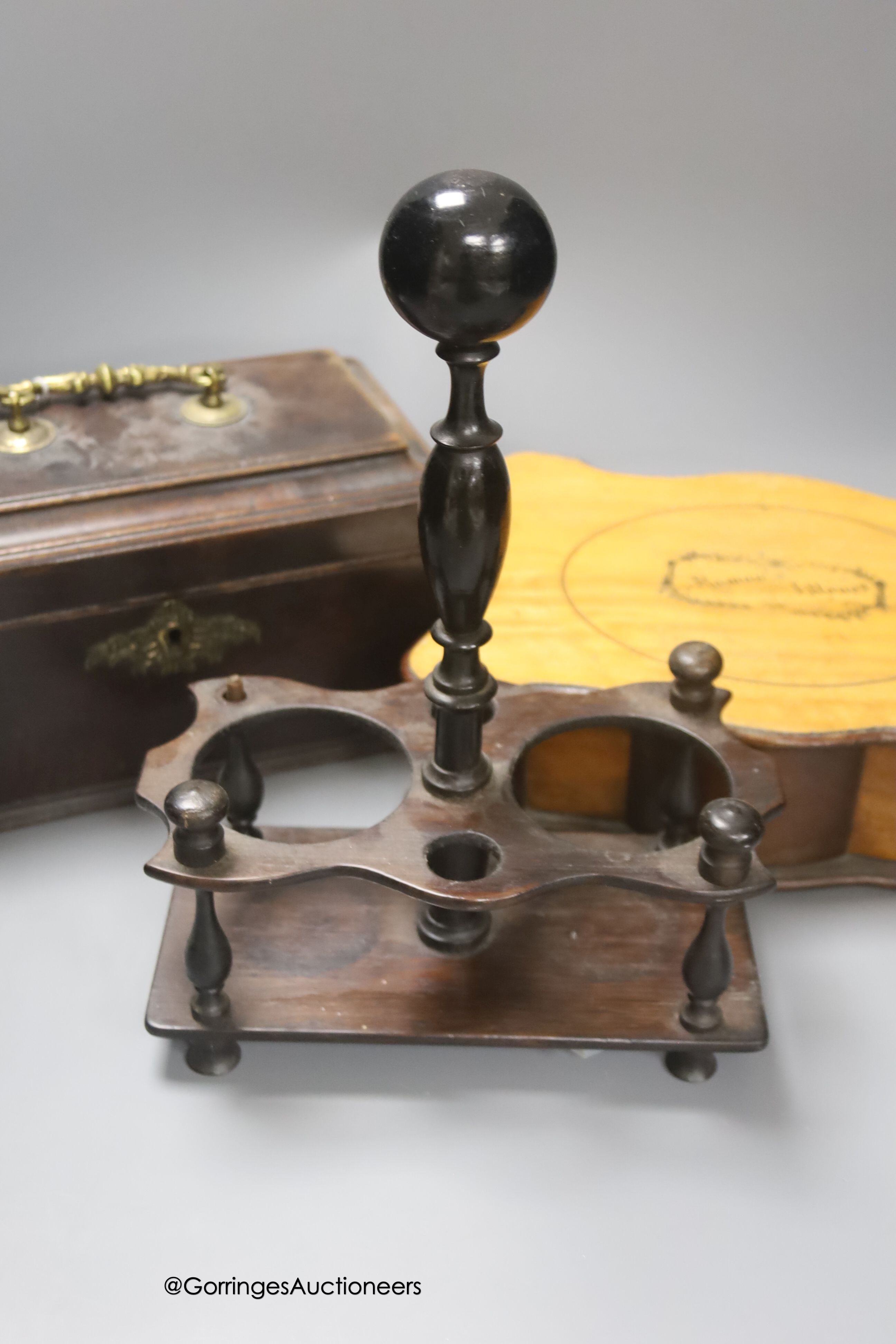 A mid 18th century mahogany tea caddy, 24cm, a rosewood cruet stand, one other box and a mallet with elm head
